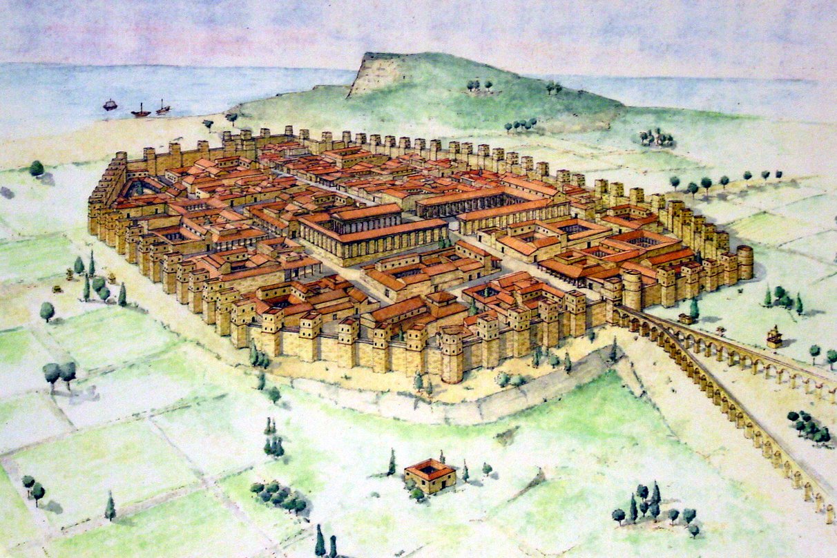 Reconstrucción ilustrada de Barcino romana, con Montjuïc al fondo